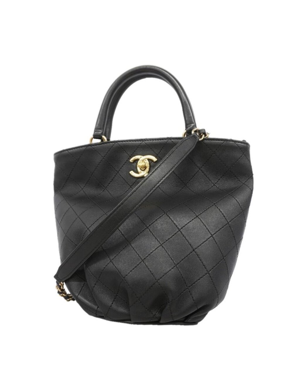 Chanel Handbag Quilted Lambskin Black Champagne Gold 2-Way Bag